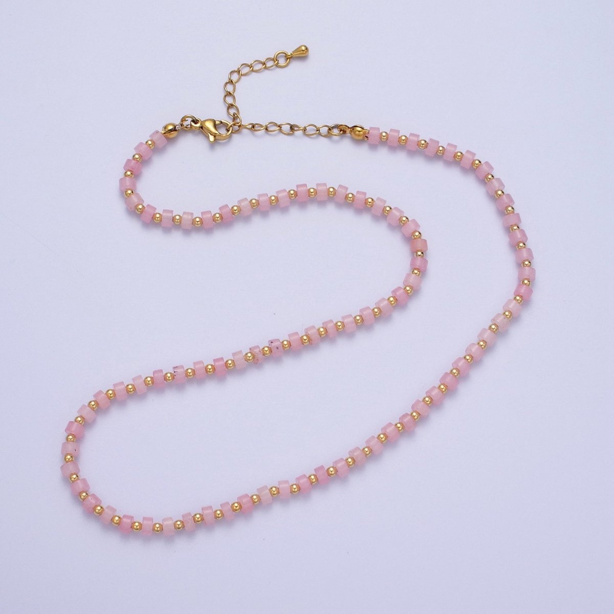 Gold Filled Pink Rose Quartz Rondelle Heishi Gemstone Gold Spacer Beads 15.5 Inch Choker Necklace | WA-1430 Clearance Pricing - DLUXCA