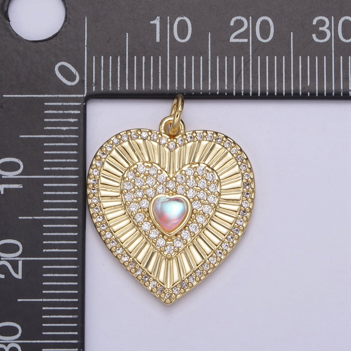 Gold Filled Radial Heart Charm Necklace, Rainbow Moonstone Sunburst Gold Pendant, Dainty Heart Love Valentine Gift Necklace Supply N-689 N-765 - DLUXCA