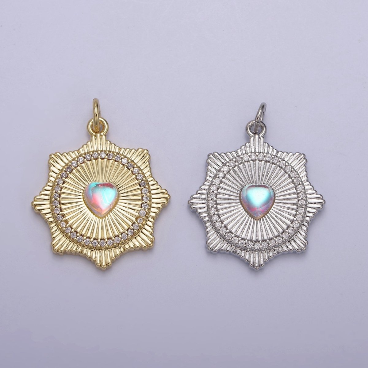 Gold Filled Radial Sun Burst Charm Necklace, Rainbow Moonstone Sunburst Gold Pendant, Dainty Celestial Jewelry Gift Necklace Supply N-693 N-694 - DLUXCA