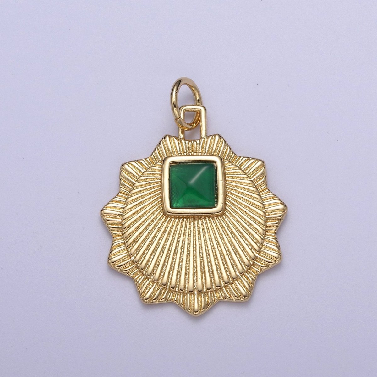 Gold Filled Radial Sun Charm Necklace, Emerald Green Sunburst Gold Celestial Pendant, Dainty Medallion Necklace Supply N-396 - DLUXCA