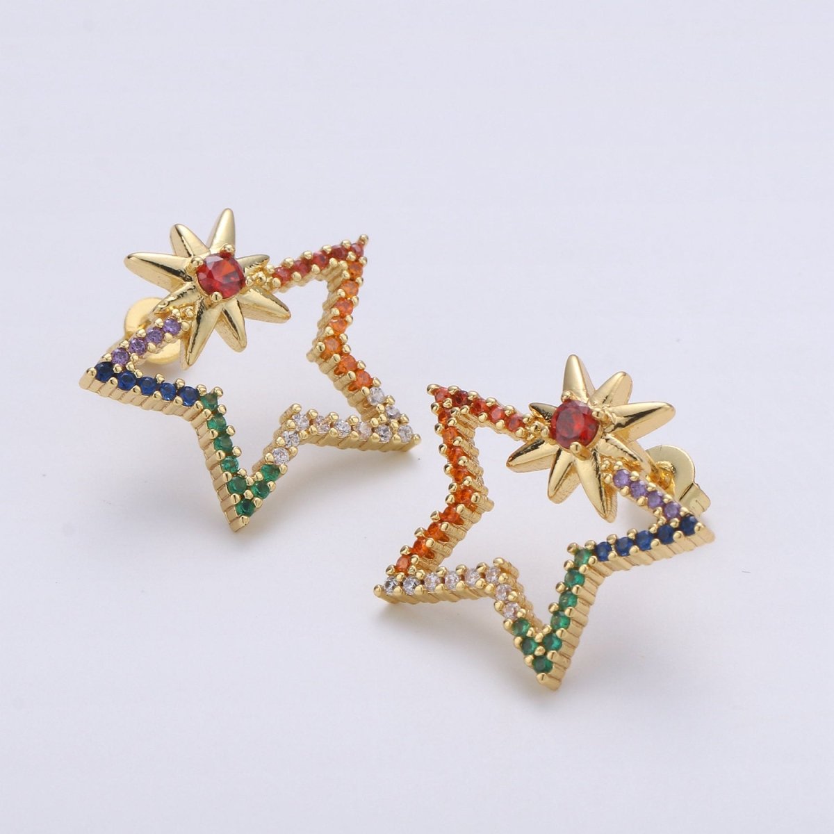 Gold Filled Rainbow Big Star Dangle Stud Earring Micro Pave CZ Cubic Zirconia Earrings Supply for Jewelry Making Q-178 - DLUXCA