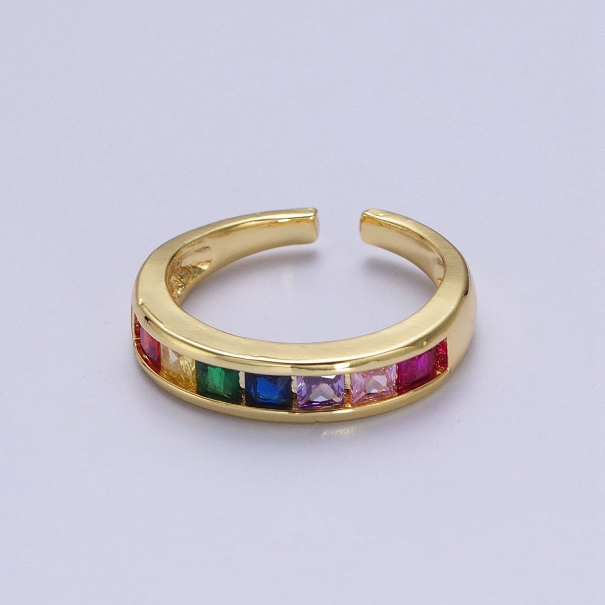 Gold Filled Rainbow Multicolor Square Baguette CZ Lined Band Ring | Y-452 - DLUXCA