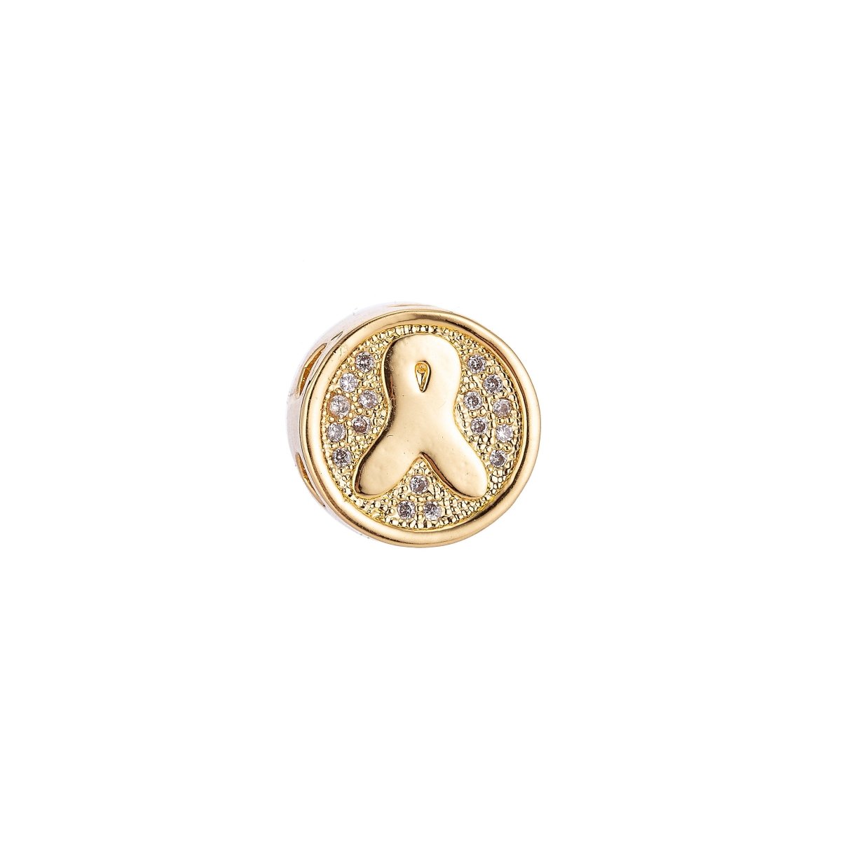 Gold Filled Round Micro Paved CZ Breast Cancer Awareness Ribbon Bead | B-028 - DLUXCA