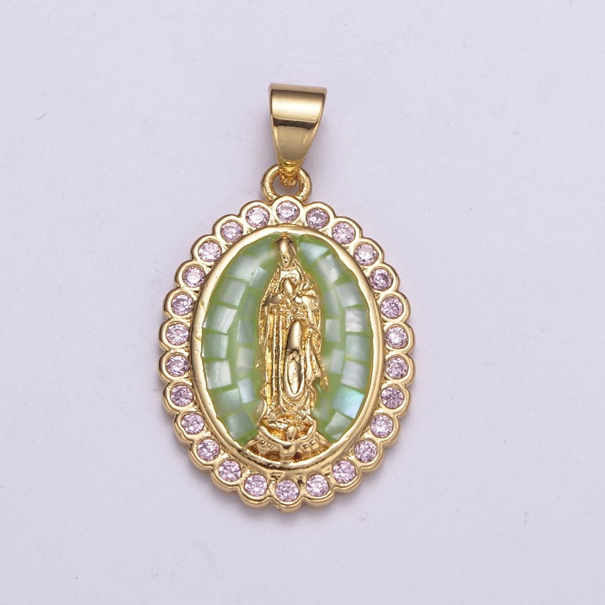 Gold Filled Shell Opal Miraculous Lady Guadalupe, Pink CZ Outline Virgin Mary Religious Oval Pendant in Gold & Silver H-057 H-059 H-172 I-778 N-583 N-584 N-621 X-479 X-480 X-481 - DLUXCA