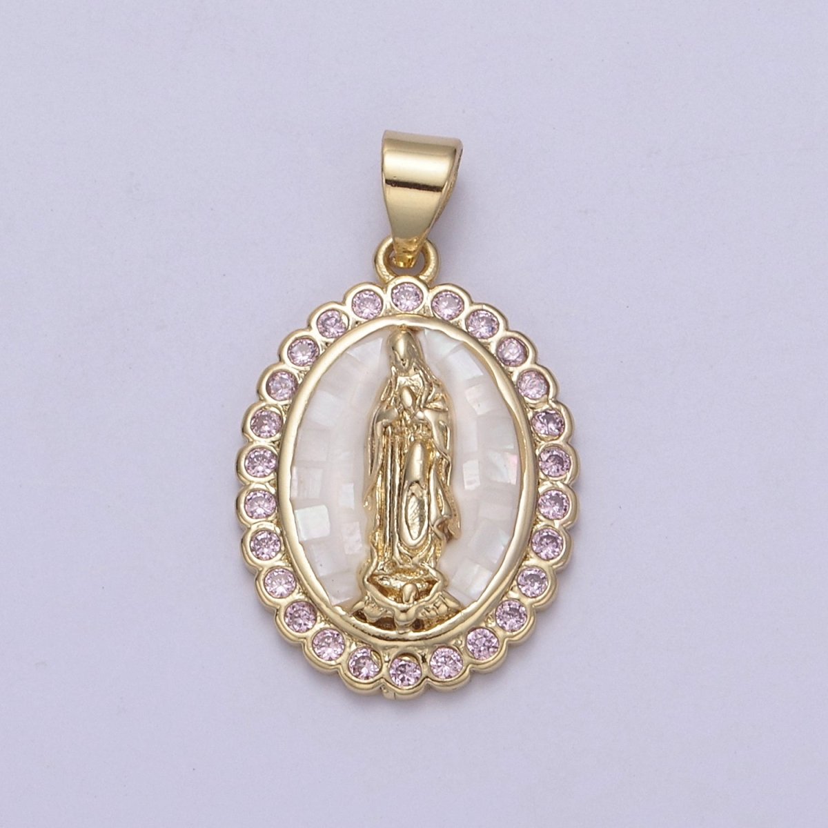 Gold Filled Shell Opal Miraculous Lady Guadalupe, Pink CZ Outline Virgin Mary Religious Oval Pendant in Gold & Silver H-057 H-059 H-172 I-778 N-583 N-584 N-621 X-479 X-480 X-481 - DLUXCA