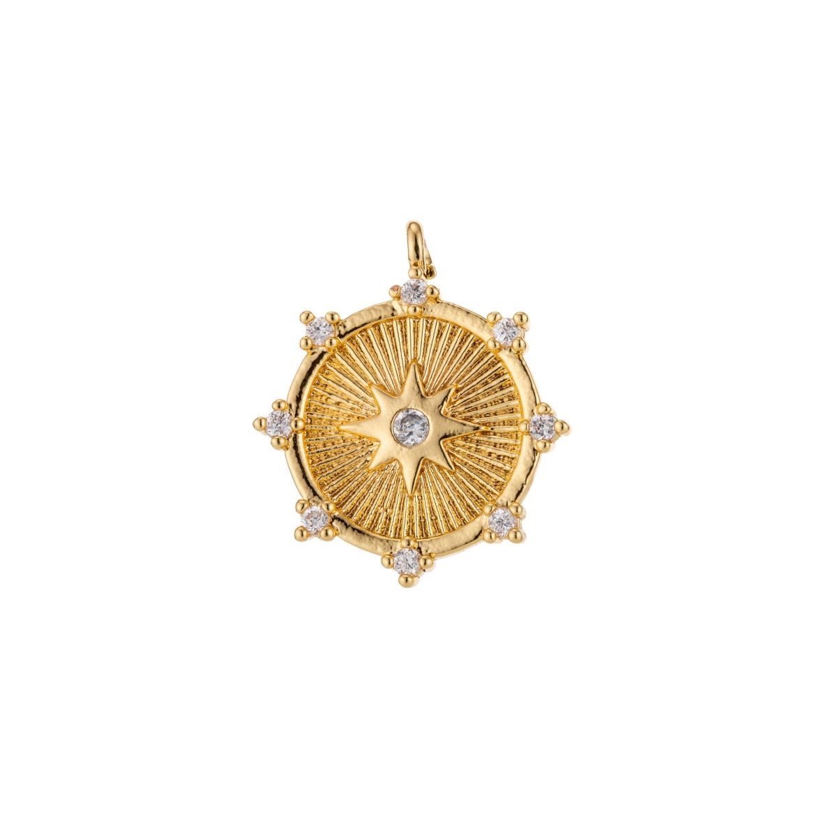 Gold Filled / Silver CZ Pave Starburst Cubic Zirconia Shooting Star North Star Coin Circle Disc Micro Pave Star Medallion Charm Pendant E-465 E-468 - DLUXCA
