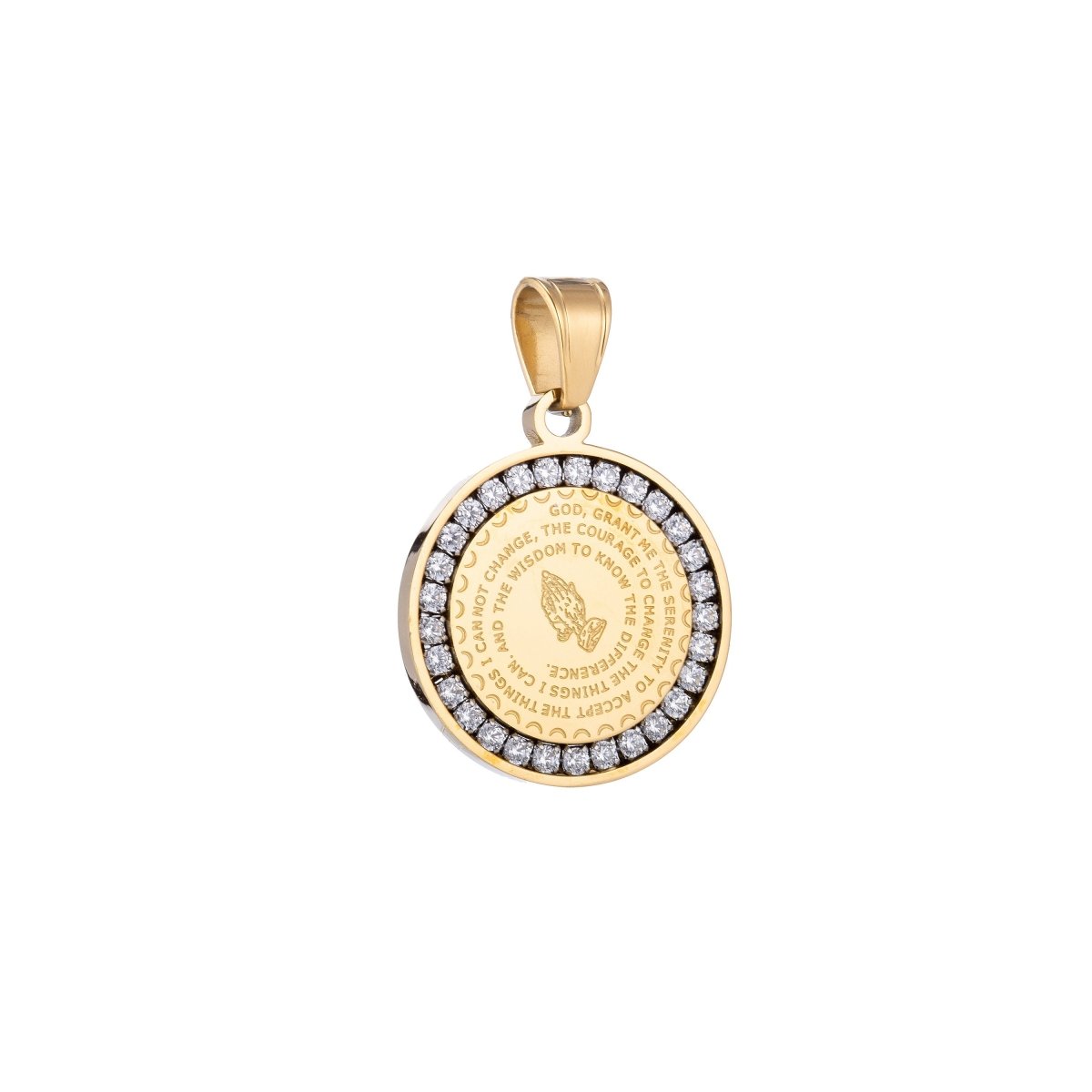 Gold Filled, Silver Stainless Steel Serenity Prayer Stainless Steel Charm - Lord grant me Coin Medallion Pendant with Cubic Zirconia J-479 - DLUXCA