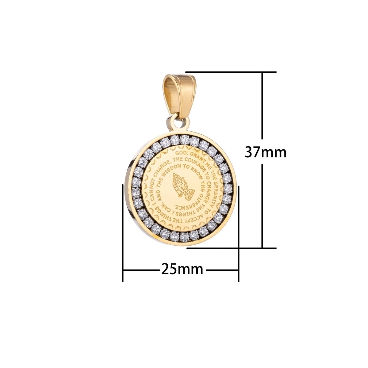 Gold Filled, Silver Stainless Steel Serenity Prayer Stainless Steel Charm - Lord grant me Coin Medallion Pendant with Cubic Zirconia J-479 - DLUXCA