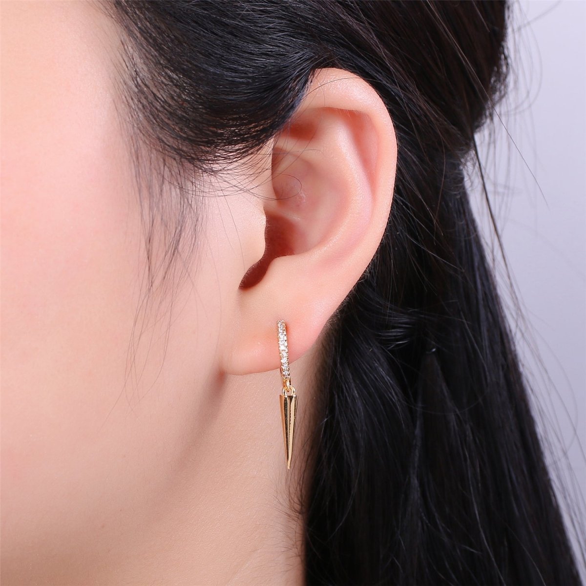 Gold Filled Spike Earrings, Single Spike Hoop Earrings K-354 - DLUXCA