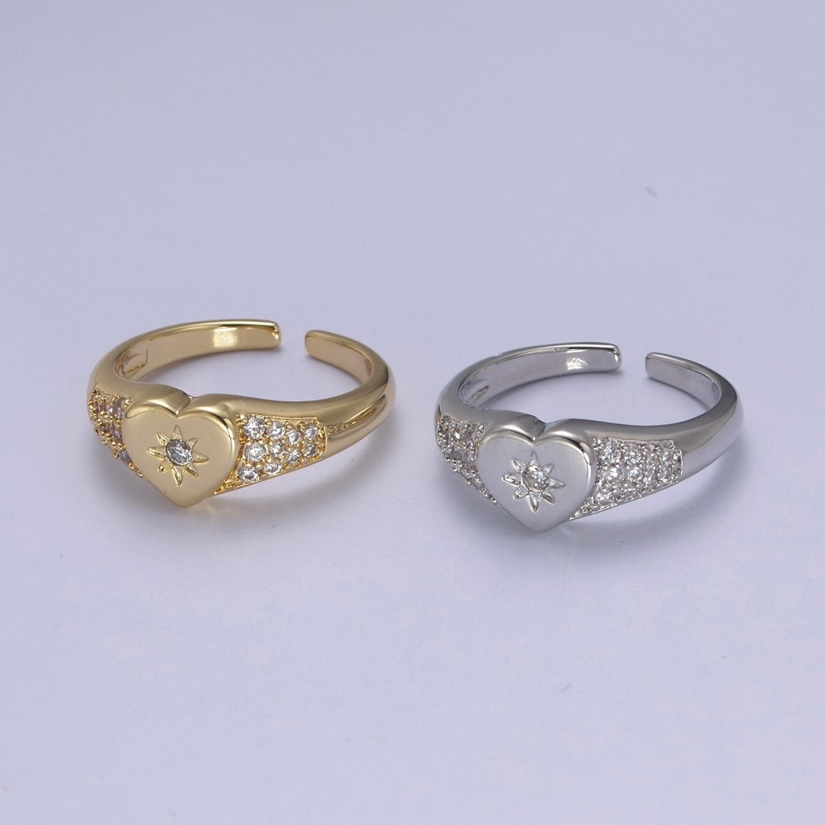 Gold Filled Star Starburst Crystal Zirconia CZ Heart Band Open, Adjustable Ring in 24K Gold & Silver | U-383 U-384 - DLUXCA
