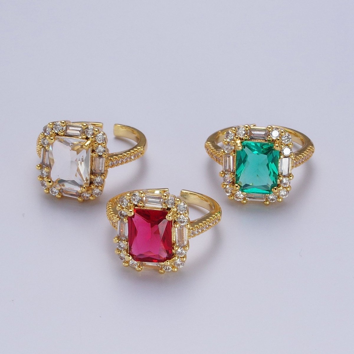 Gold Filled Teal, Red, Clear Baguette CZ Solitaire Micro Paved Band Ring | Y-455 Y-456 Y-457 - DLUXCA