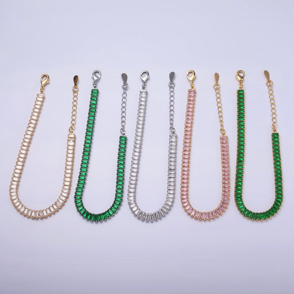 Gold Filled Tennis Bracelet, Baguette Emerald Green, Pink, Clear Pave CZ Bracelet for | WA-1764 to WA-1766 Clearance Pricing - DLUXCA