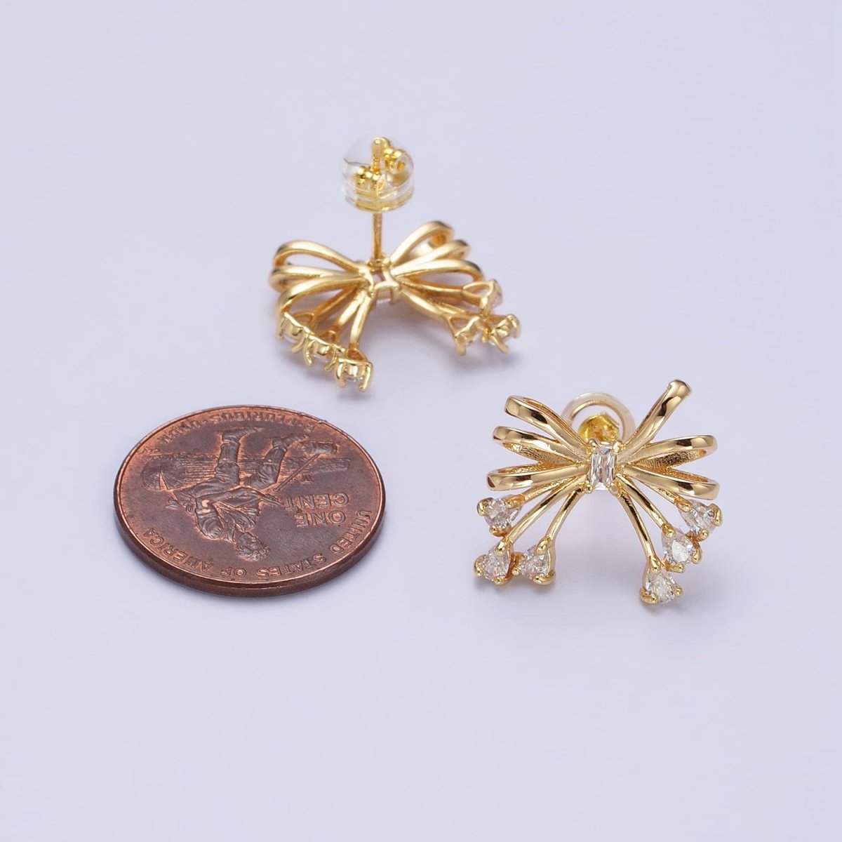 Gold Filled Tie Bow Multiband Ribbon Clear Baguette Teardrop Stud Earrings in Silver & Gold | AB380 AB480 - DLUXCA