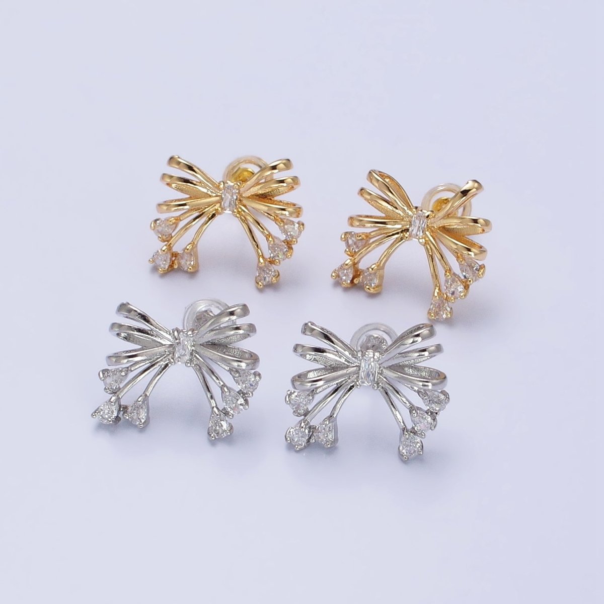 Gold Filled Tie Bow Multiband Ribbon Clear Baguette Teardrop Stud Earrings in Silver & Gold | AB380 AB480 - DLUXCA
