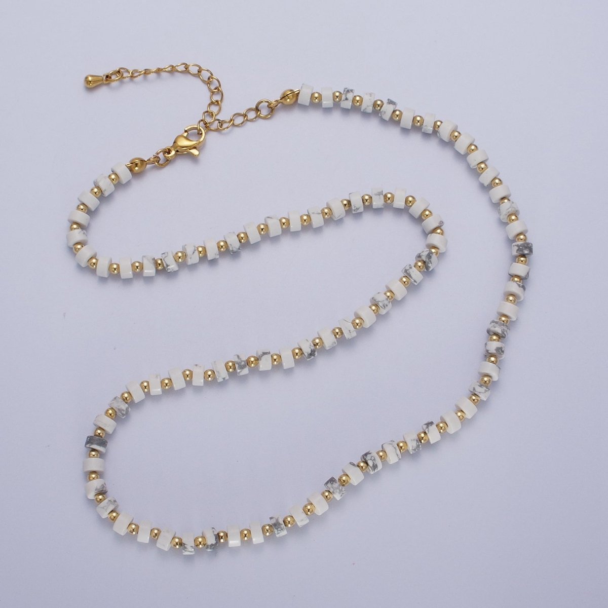 Gold Filled White Howlite Rondelle Heishi Gemstone Gold Spacer Beads 16 Inch Choker Necklace | WA-1437 Clearance Pricing - DLUXCA