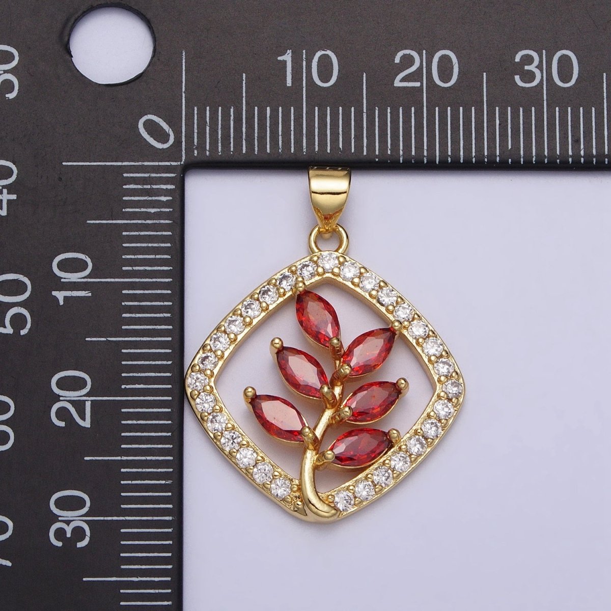 Gold Flower Leaves Plant Red Marquise Open Micro Paved CZ Rhombus Pendant | AA398 - DLUXCA