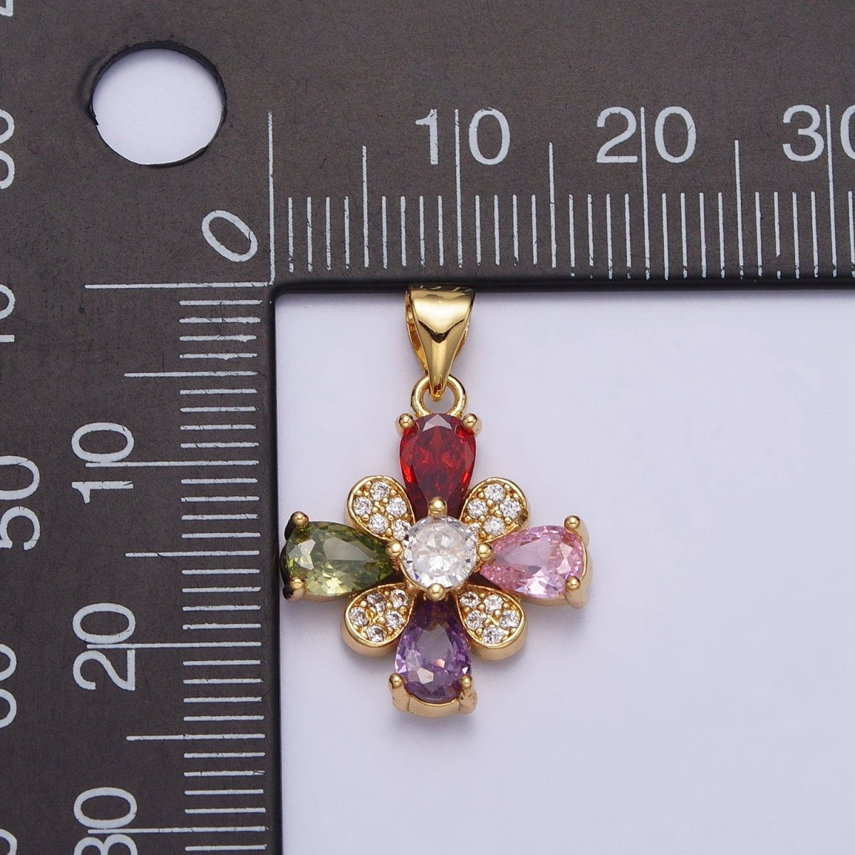 Gold Flower Multicolor Teardrop Micro Paved CZ Pendant | AA397 - DLUXCA