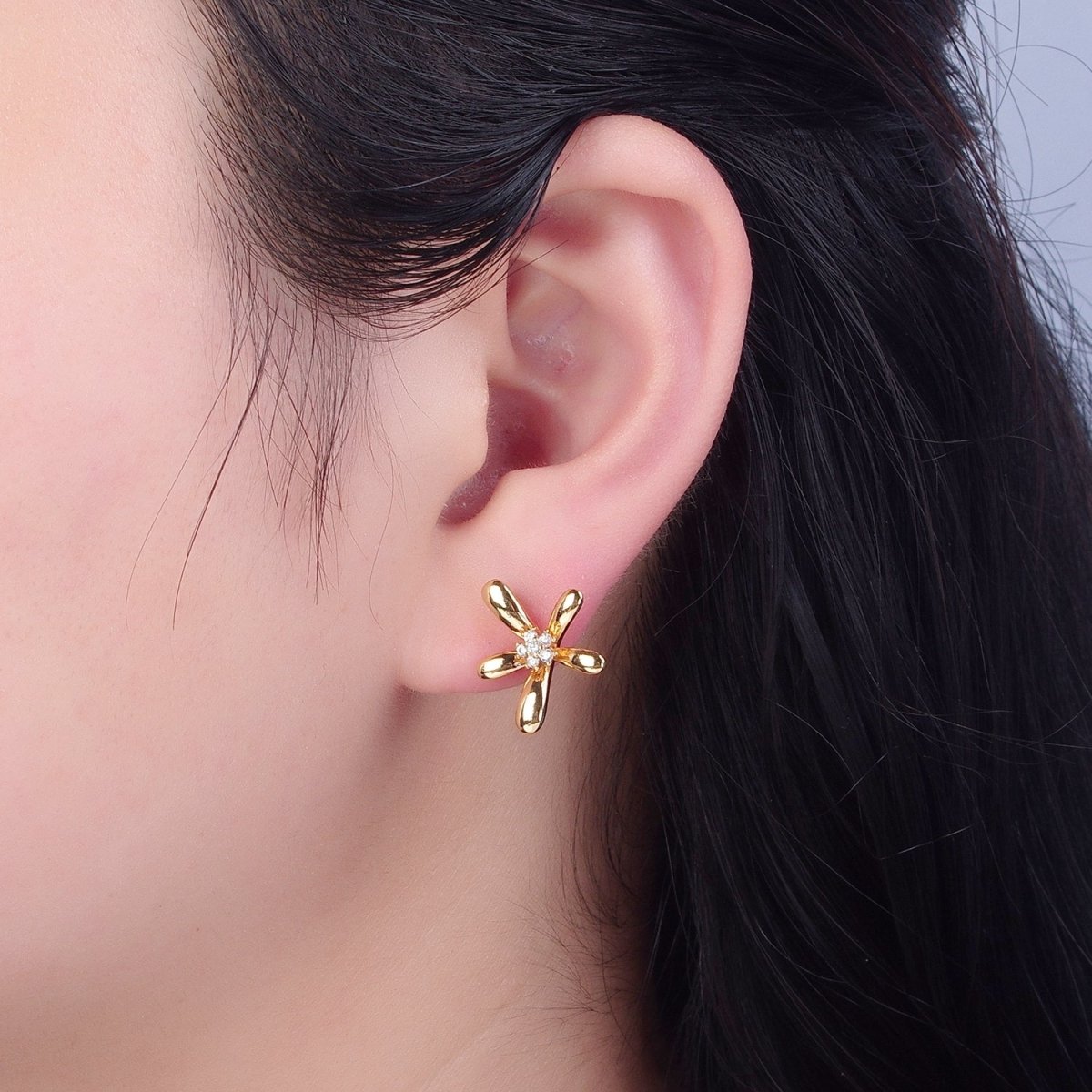 Gold Flower Stud Earring Floral Jewelry V-383 - DLUXCA