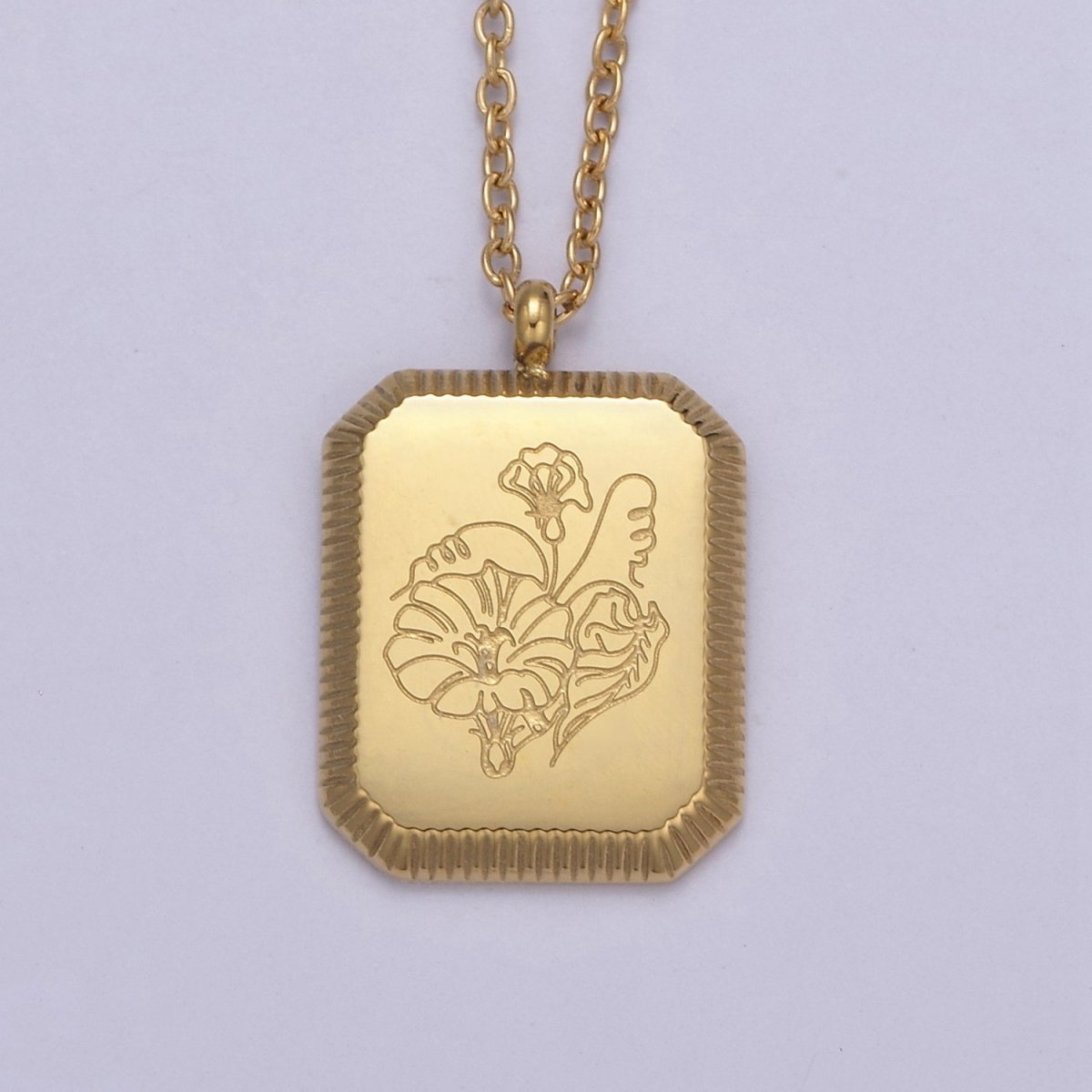 Gold Flower Tag Charm Engraved Floral Pendant Necklace with Cable Chain Necklace Wholesale Fashion Jewelry | WA-649 to WA-660 Clearance Pricing - DLUXCA