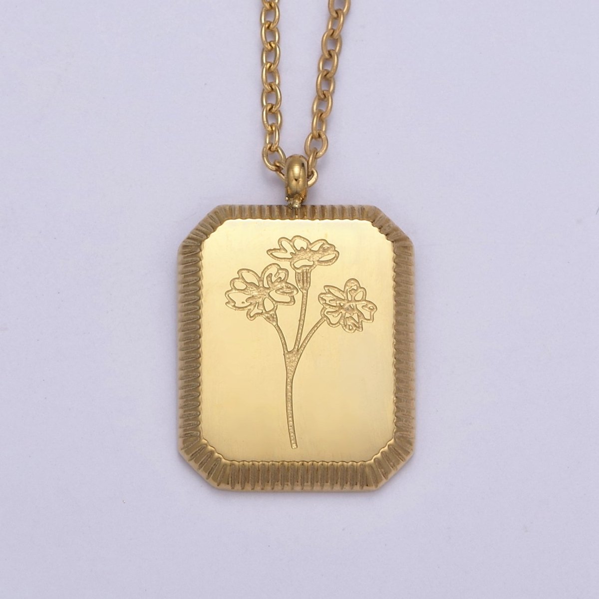 Gold Flower Tag Charm Engraved Floral Pendant Necklace with