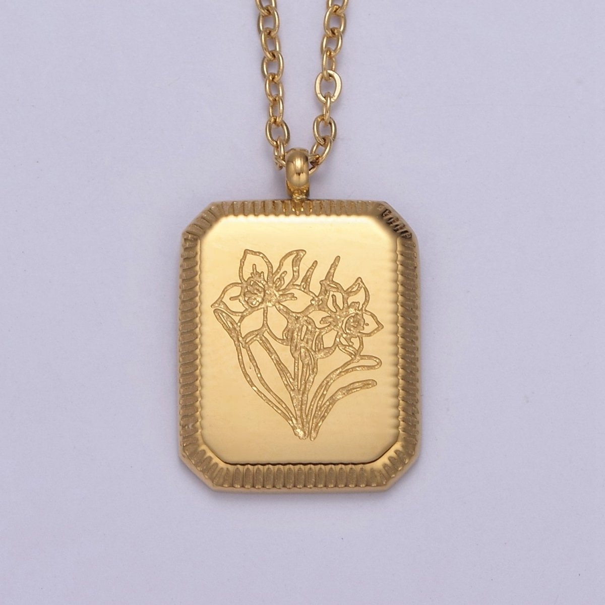 Gold Flower Tag Charm Engraved Floral Pendant Necklace with Cable Chain Necklace Wholesale Fashion Jewelry WA 649 to WA 660 Clearance Pricing DLUXCA