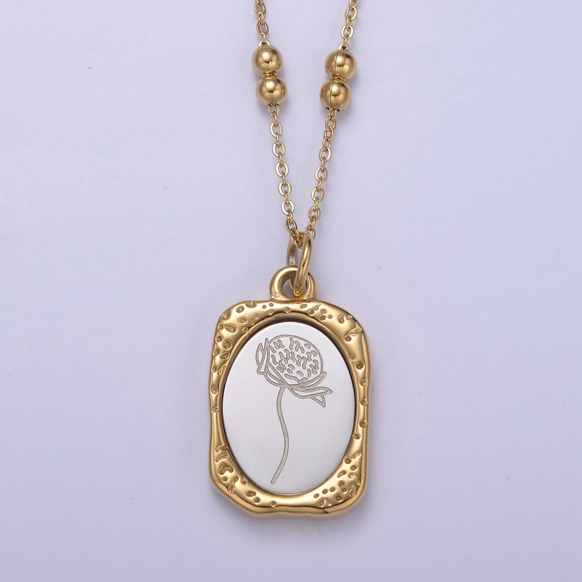 Gold Flower Tag Charm Engraved Floral Pendant Necklace with Satellite Chain Necklace Wholesale Fashion Jewelry | WA-708 to WA-720 Clearance Pricing - DLUXCA