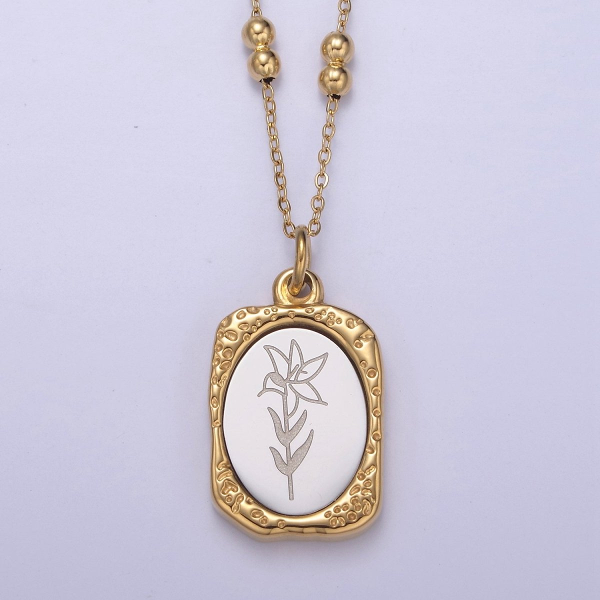 Gold Flower Tag Charm Engraved Floral Pendant Necklace with Satellite Chain Necklace Wholesale Fashion Jewelry | WA-708 to WA-720 Clearance Pricing - DLUXCA