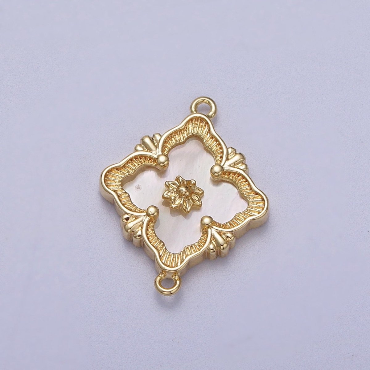 Gold Flower White Shell Pearl Antique Artisan Quatrefoil Link Connector | Y-654 - DLUXCA