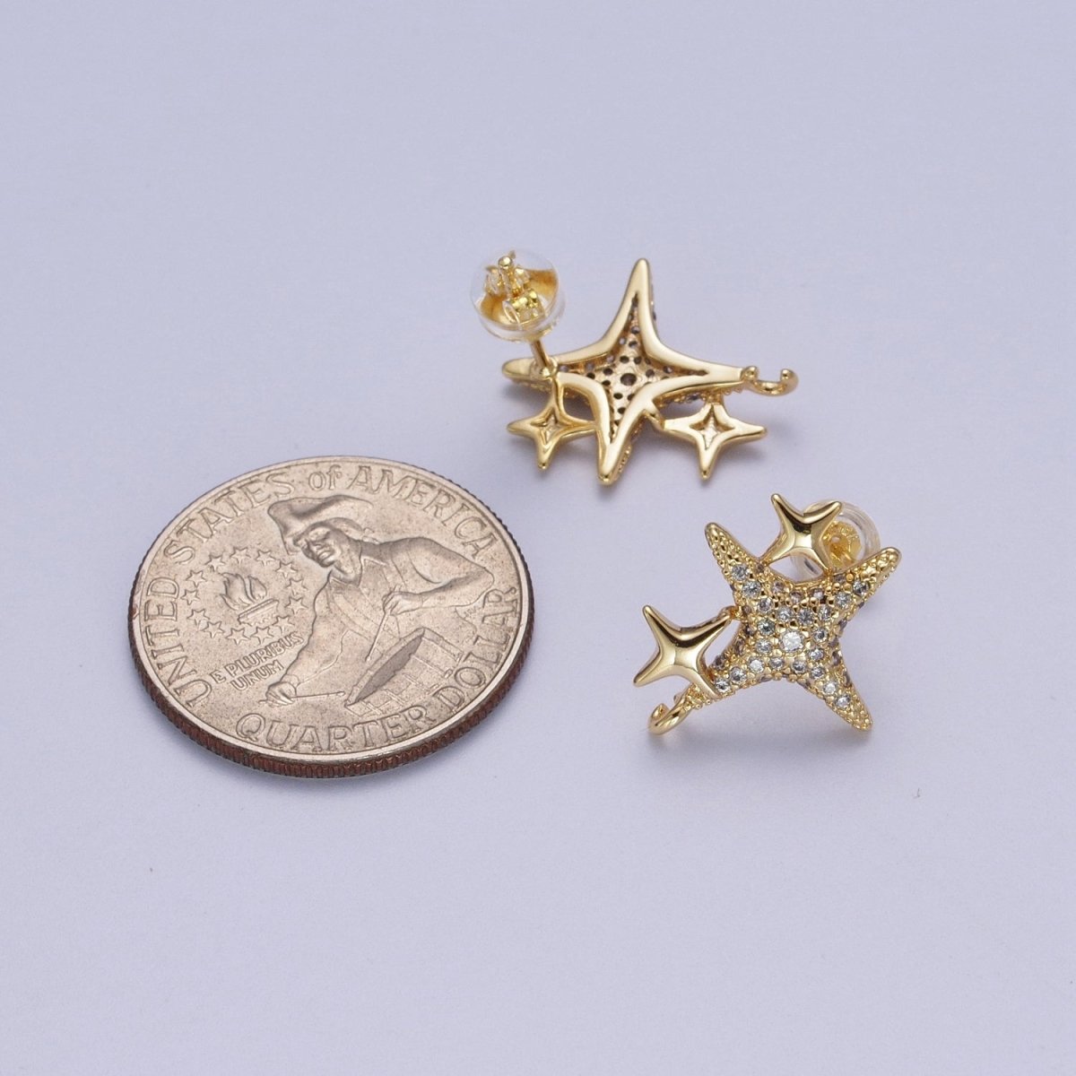 Gold Four Pointed North Star, Micro Pave Cubic Zirconia Celestial Star Stud Earrings AE-1019 - DLUXCA