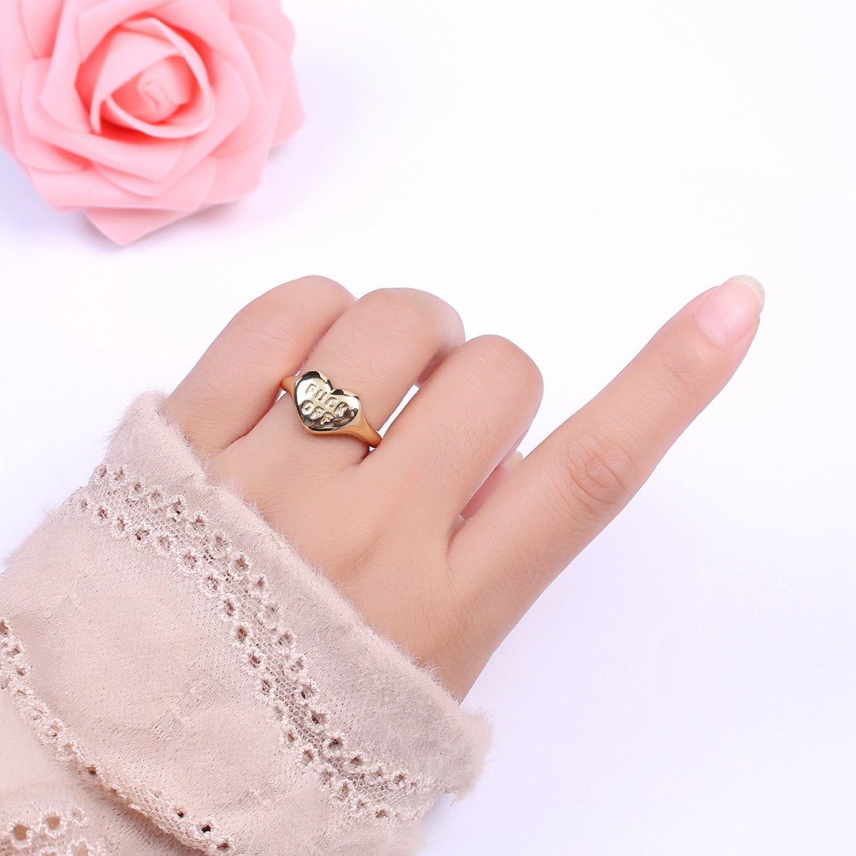 Gold Fuck Off Ring, Heart Shaped Signet, Fuckoff rings oval signet ring gold rings for women U-132 - DLUXCA
