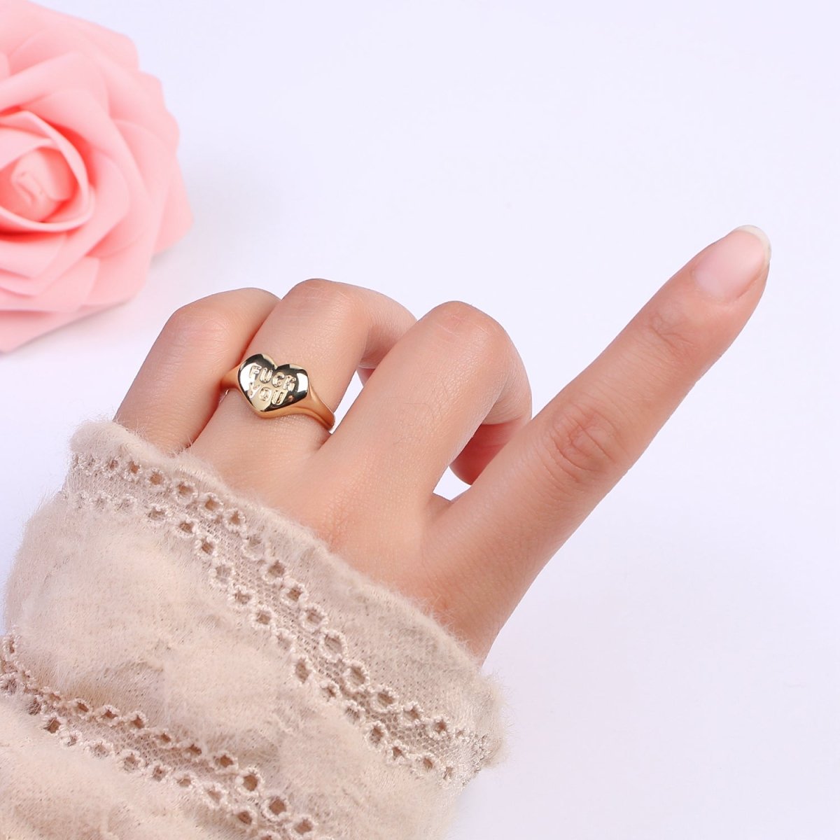 Gold Fuck You Ring, Heart Shaped Signet, Fuckoff rings oval signet ring gold rings for women S-377 - DLUXCA