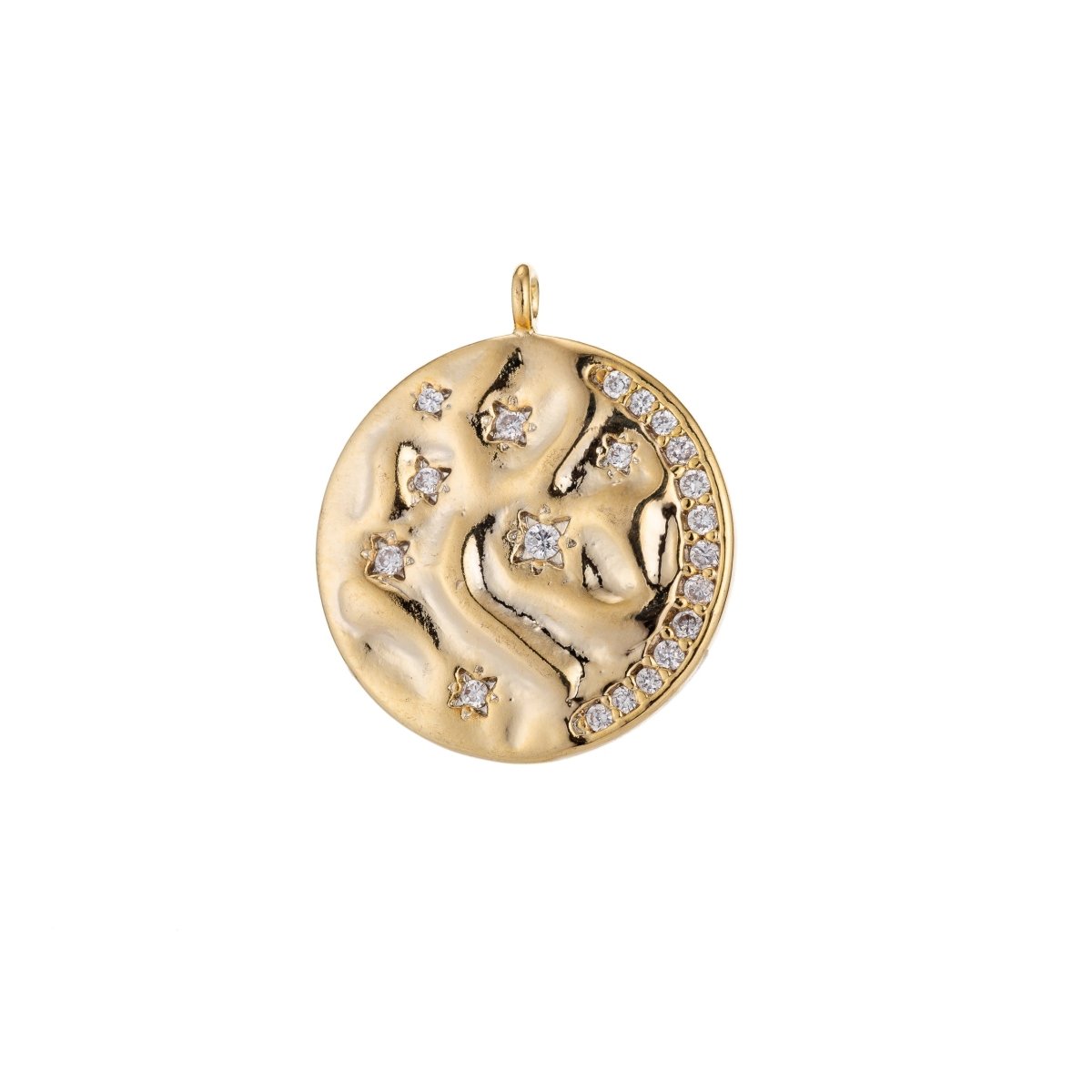 Gold Full Moon Textured Charm Pendant with micro pave CZ C286-C288, C290 - DLUXCA