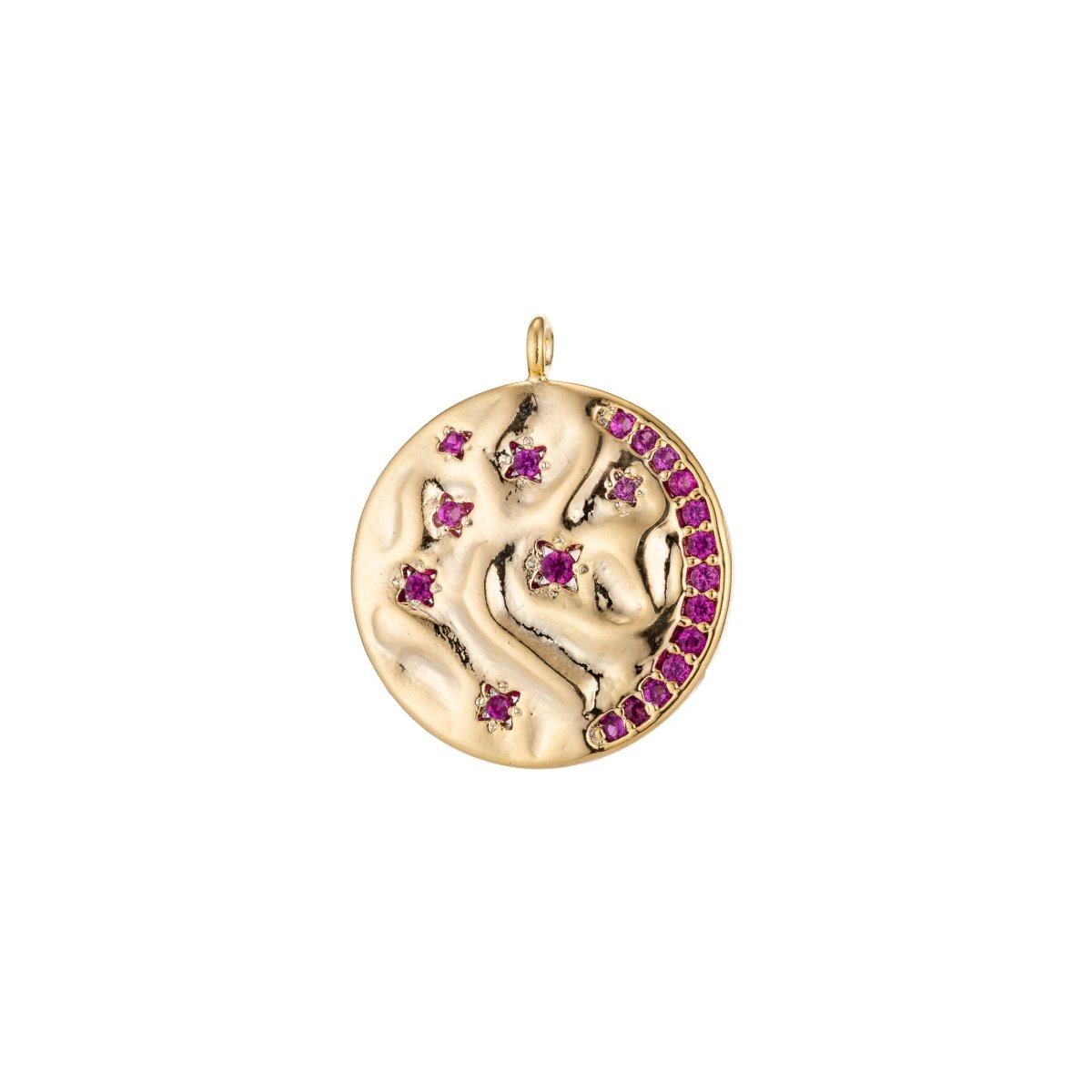 Gold Full Moon Textured Charm Pendant with micro pave CZ C286-C288, C290 - DLUXCA