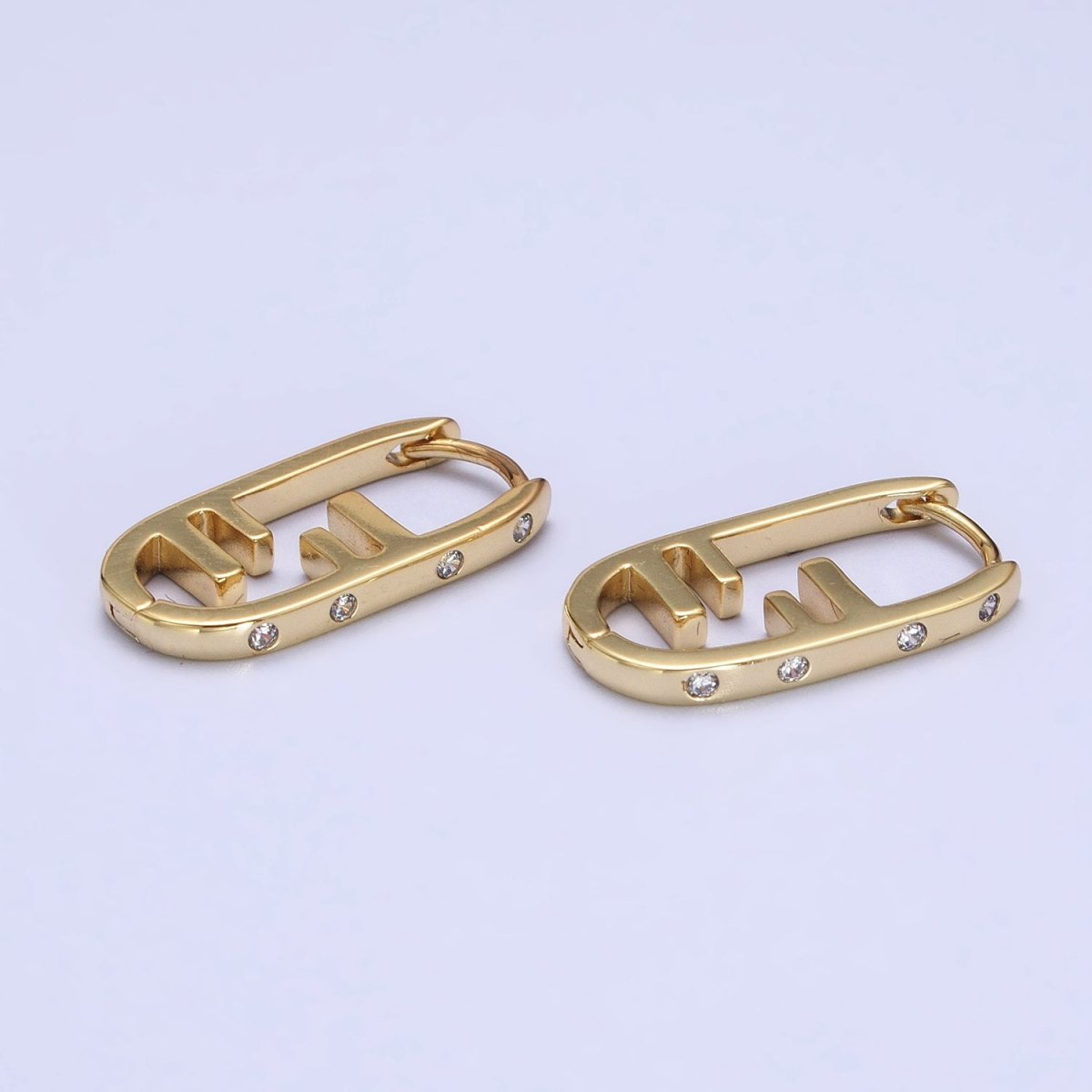 Gold Geometric Bar Lined Dotted CZ Lined Oblong U-Shaped Hoop Earrings | AB416 - DLUXCA