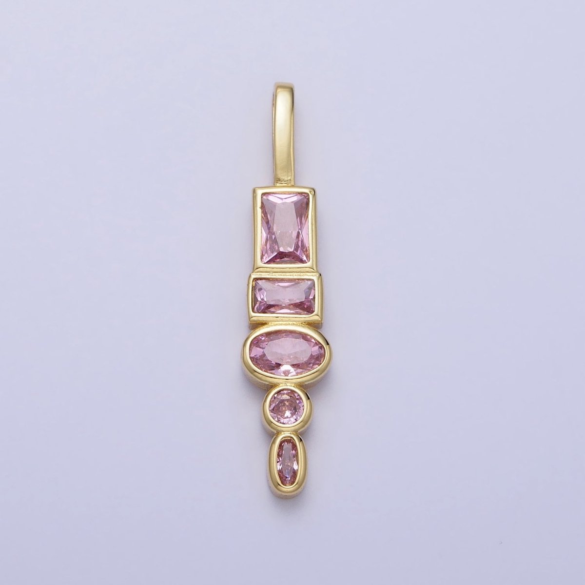 Gold Geometric Clear, Pink CZ Cubic Zirconia Baguette Oval Pendant | AA170 AA171 - DLUXCA