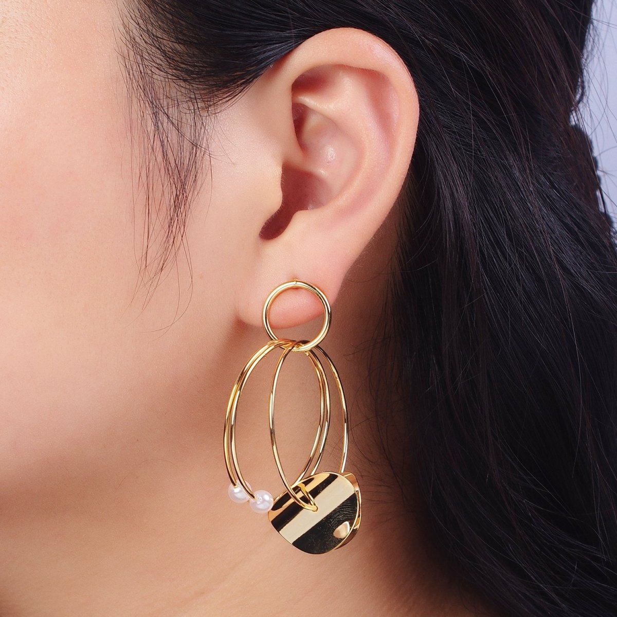 Gold Geometric Multiple Circle Hoop Pearl Drop Earrings | Y-151 - DLUXCA