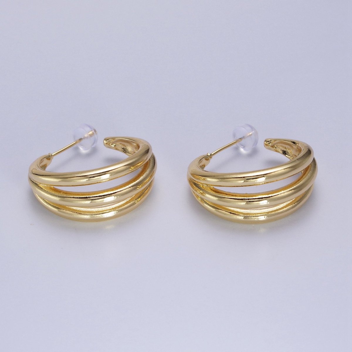 Gold Geometric Triple Bar C-Shaped 25mm Hoop Earrings | AB059 - DLUXCA