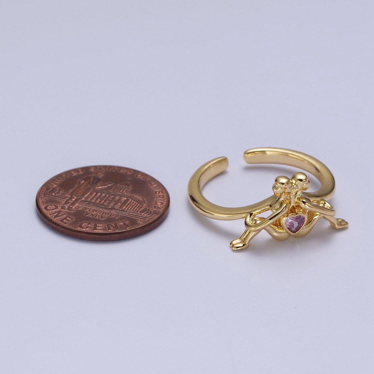 Gold Greek Myth of Soulmates, Lesbian Couple with Pink Heart Cubic Zirconia Between Adjustable Ring | X-615 - DLUXCA