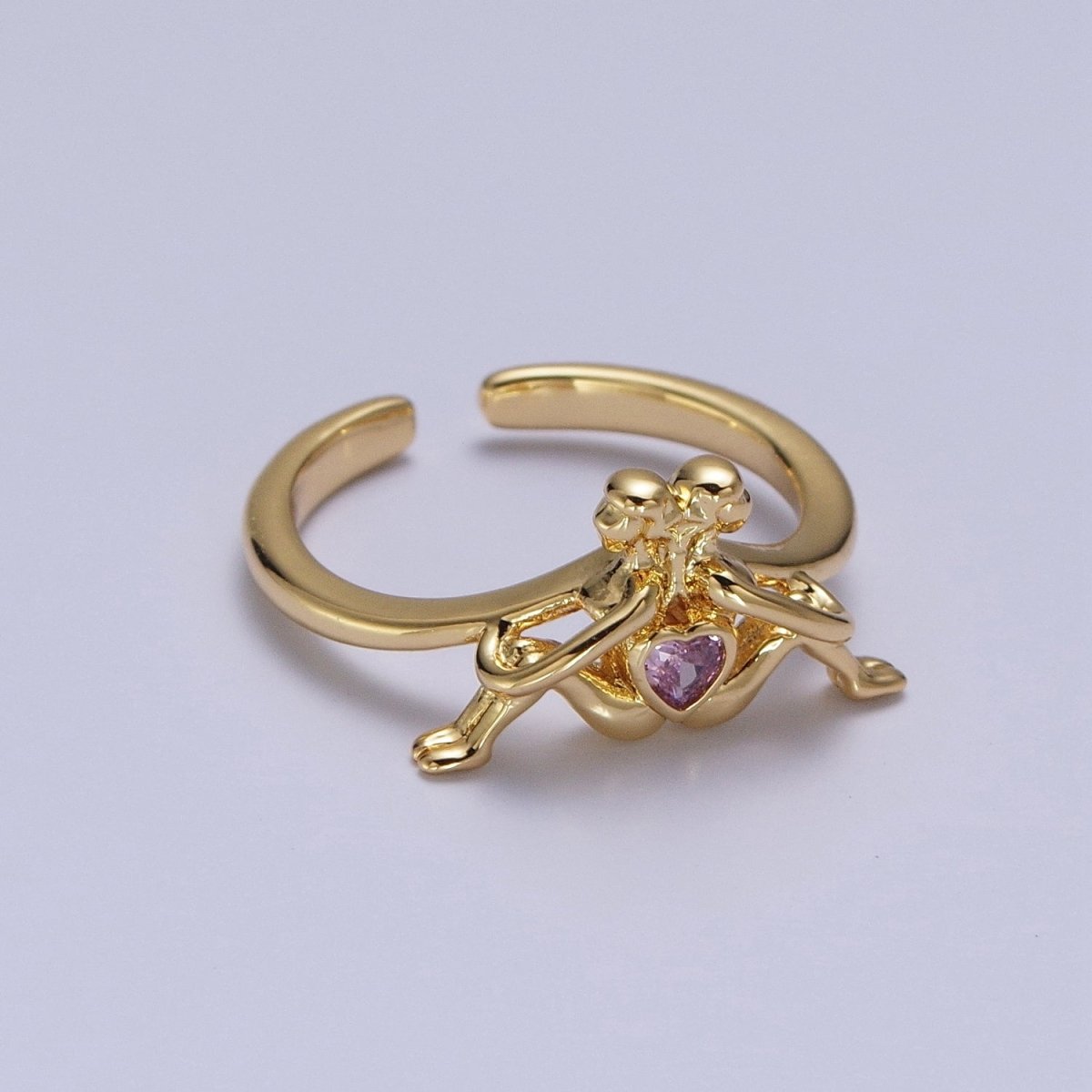 Gold Greek Myth of Soulmates, Lesbian Couple with Pink Heart Cubic Zirconia Between Adjustable Ring | X-615 - DLUXCA