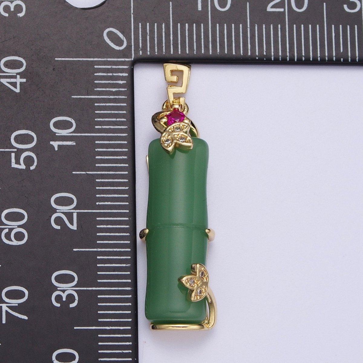 Gold Green Bamboo Bar Micro Paved CZ Leaf For Nature Jewelry | X-676 - DLUXCA