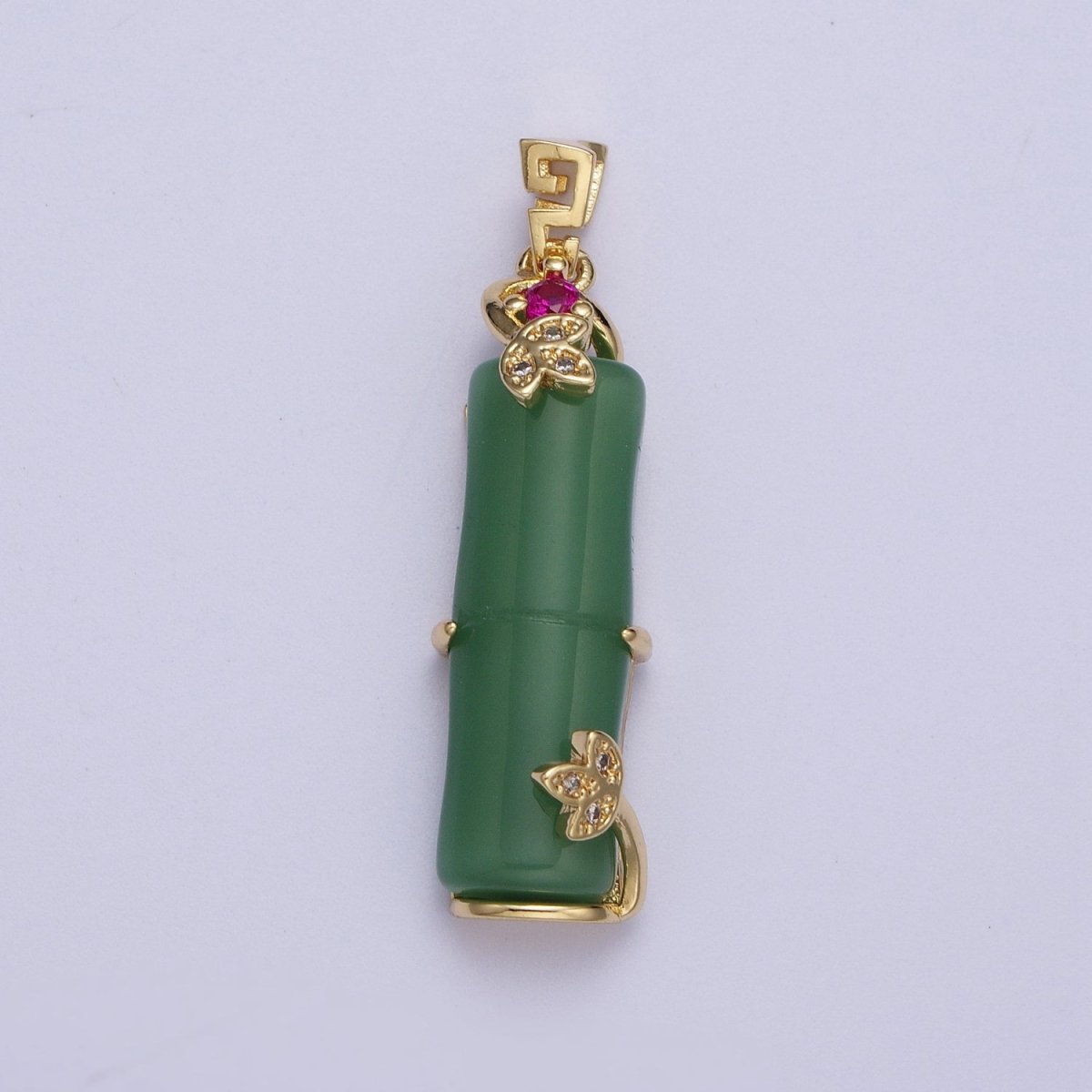 Gold Green Bamboo Bar Micro Paved CZ Leaf For Nature Jewelry | X-676 - DLUXCA