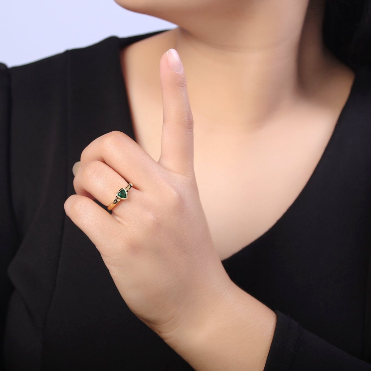 Gold Green CZ ring, Emerald ring, open ring, adjustable ring, green stone ring, dainty ring, stackable ring U-501 - DLUXCA