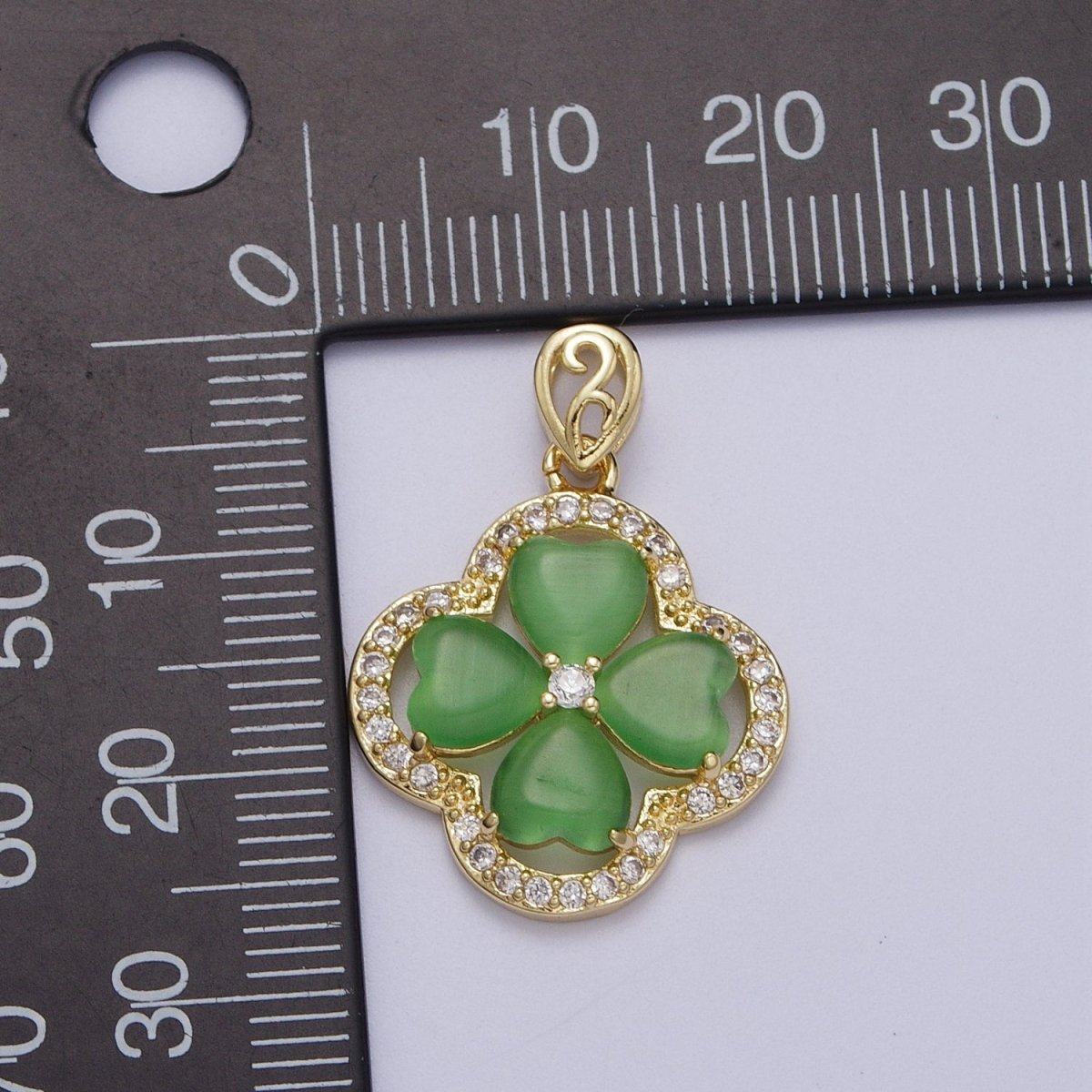 Gold Green Quatrefoil Lucky Clover Micro Paved CZ Pendant For St. Patrick's Day Jewelry Making | X-541 - DLUXCA