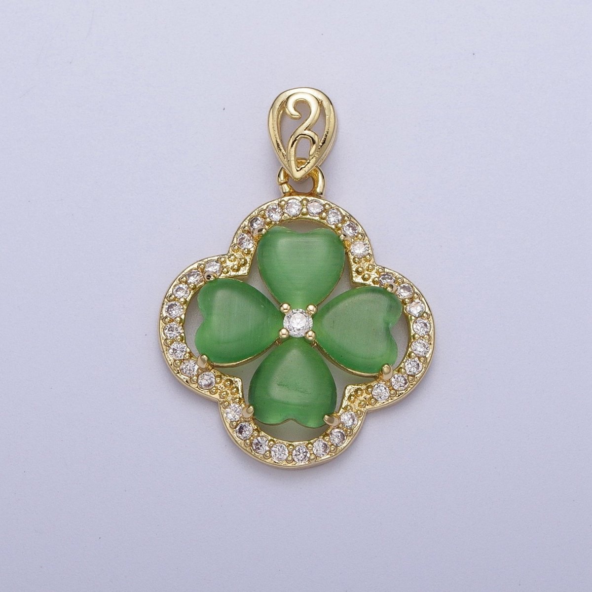 Gold Green Quatrefoil Lucky Clover Micro Paved CZ Pendant For St. Patrick's Day Jewelry Making | X-541 - DLUXCA