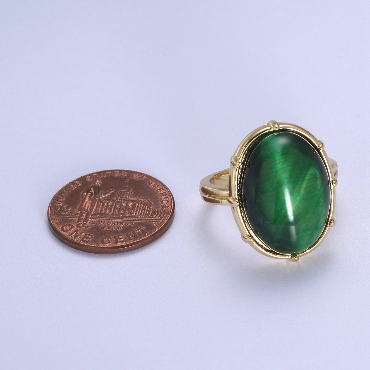 Gold Green Tiger Eye Rings | Oval Gemstone Signet Ring | Gold Gem Stone Rings | Chunky Gold Statement Ring U-370 - DLUXCA