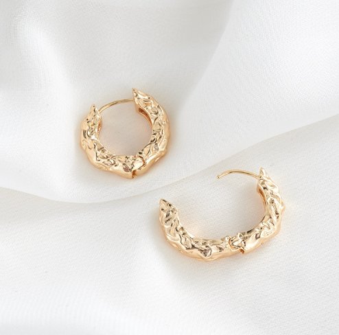 Gold Hammered Abstract Textured 23.5mm Huggie Earrings | AB540 - DLUXCA