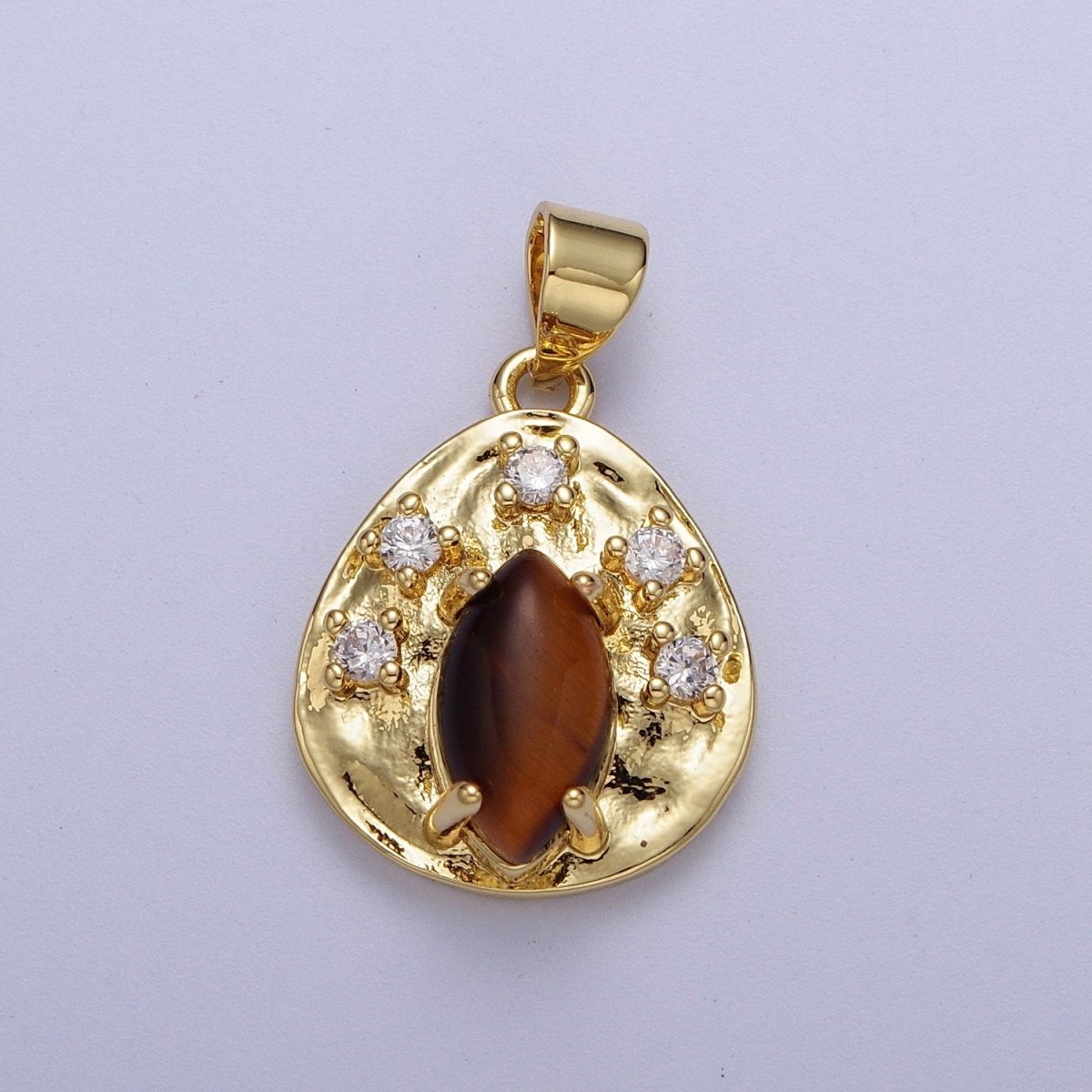 Gold Hammered Coin Cubic Zirconia Natural Red Jasper, Amethyst, Tiger Eye Pendant For Jewelry Making H-854 H-855 H-877 - DLUXCA