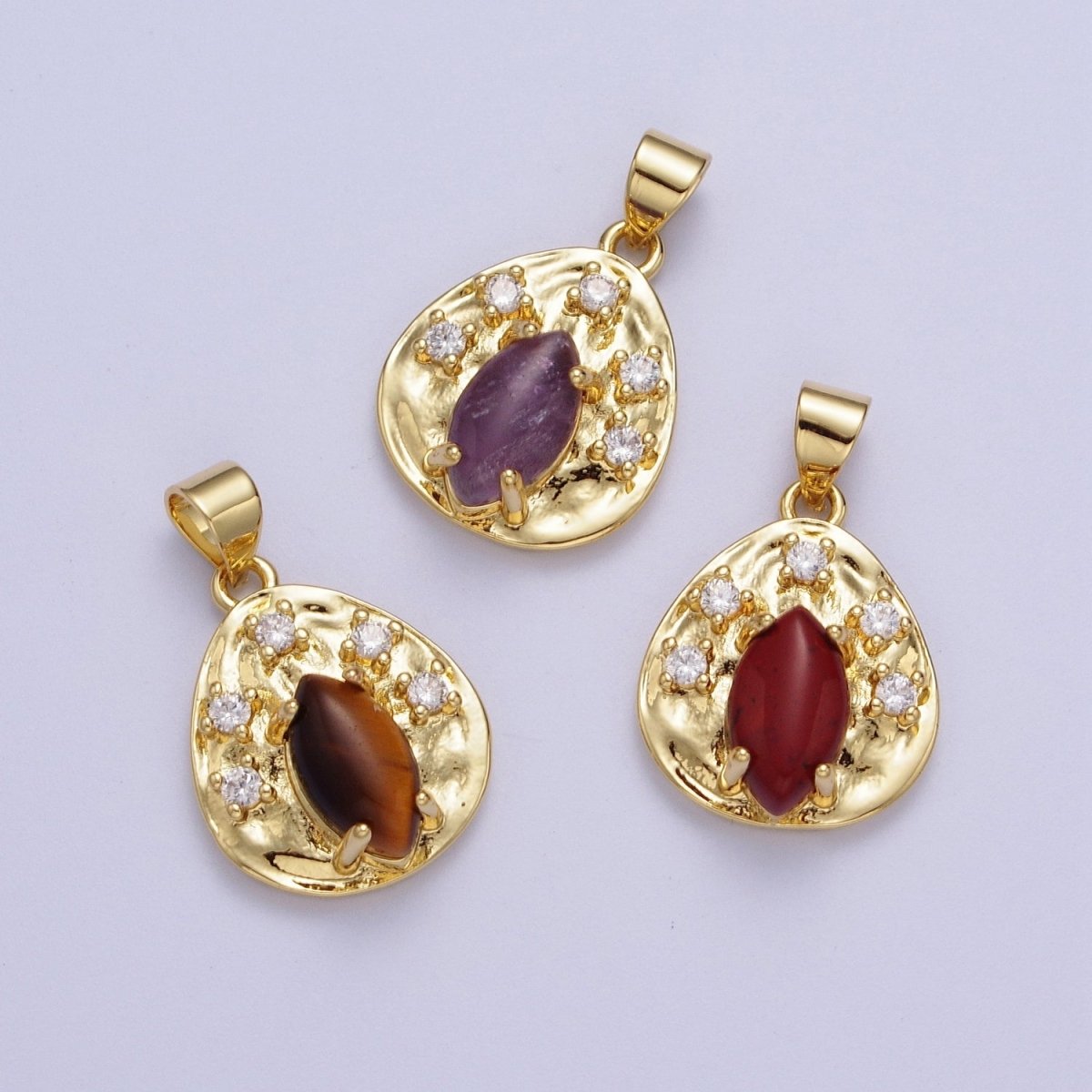 Gold Hammered Coin Cubic Zirconia Natural Red Jasper, Amethyst, Tiger Eye Pendant For Jewelry Making H-854 H-855 H-877 - DLUXCA