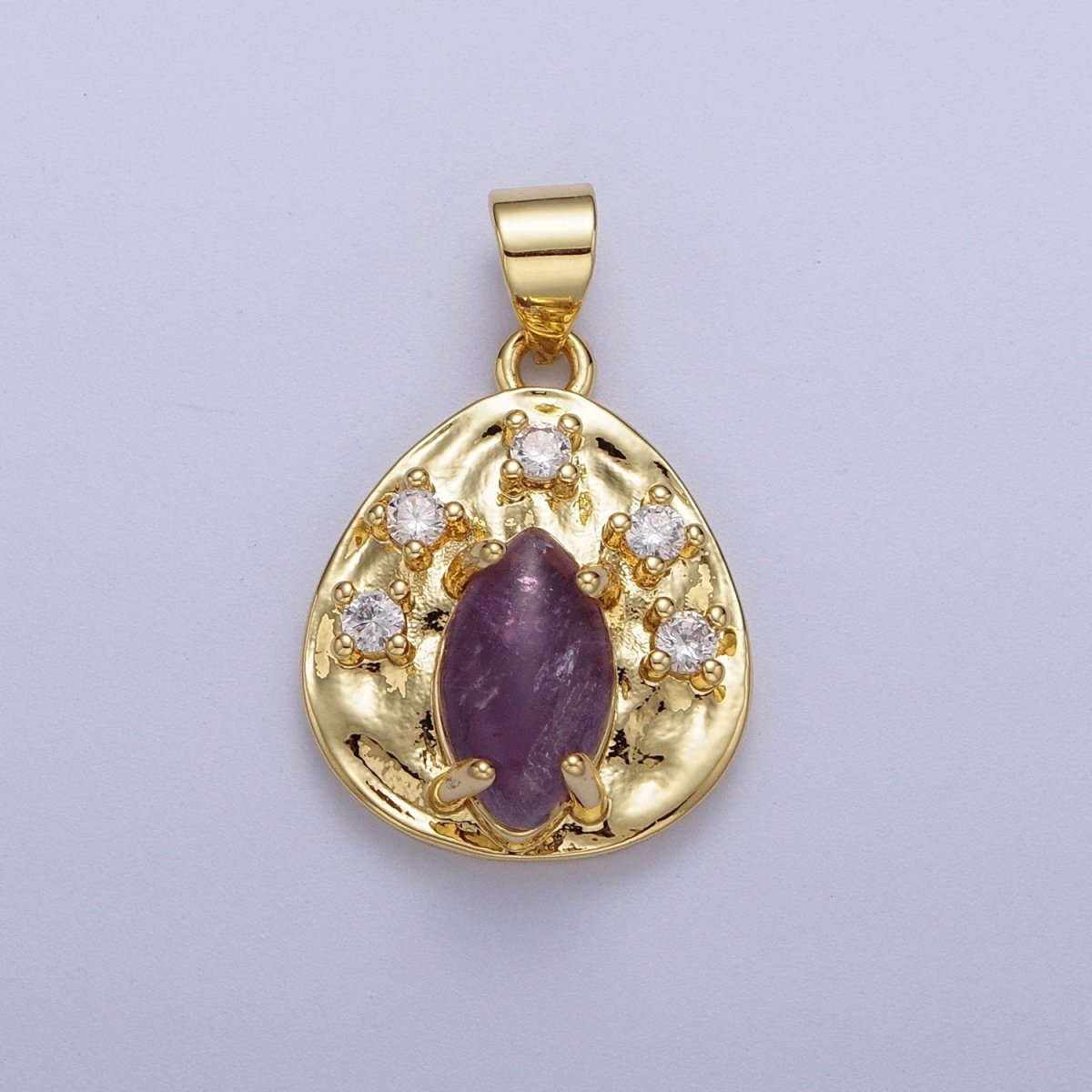 Gold Hammered Coin Cubic Zirconia Natural Red Jasper, Amethyst, Tiger Eye Pendant For Jewelry Making H-854 H-855 H-877 - DLUXCA