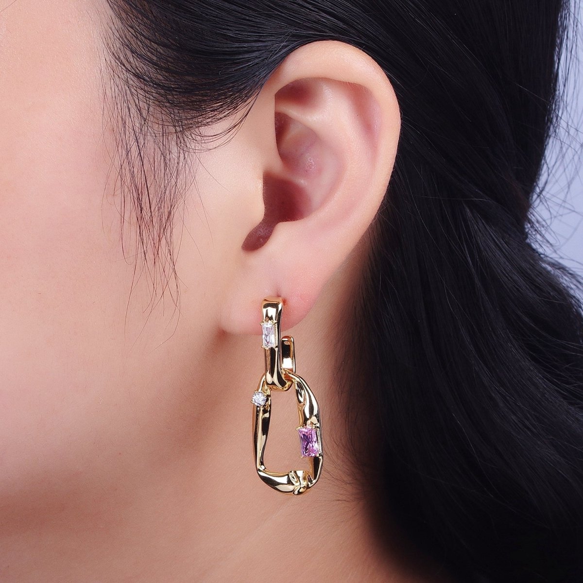 Gold Hammered J Shaped Hoop Abstract Baguette Cubic Zirconia Dangle Drop Stud Earrings | Y-060 - DLUXCA